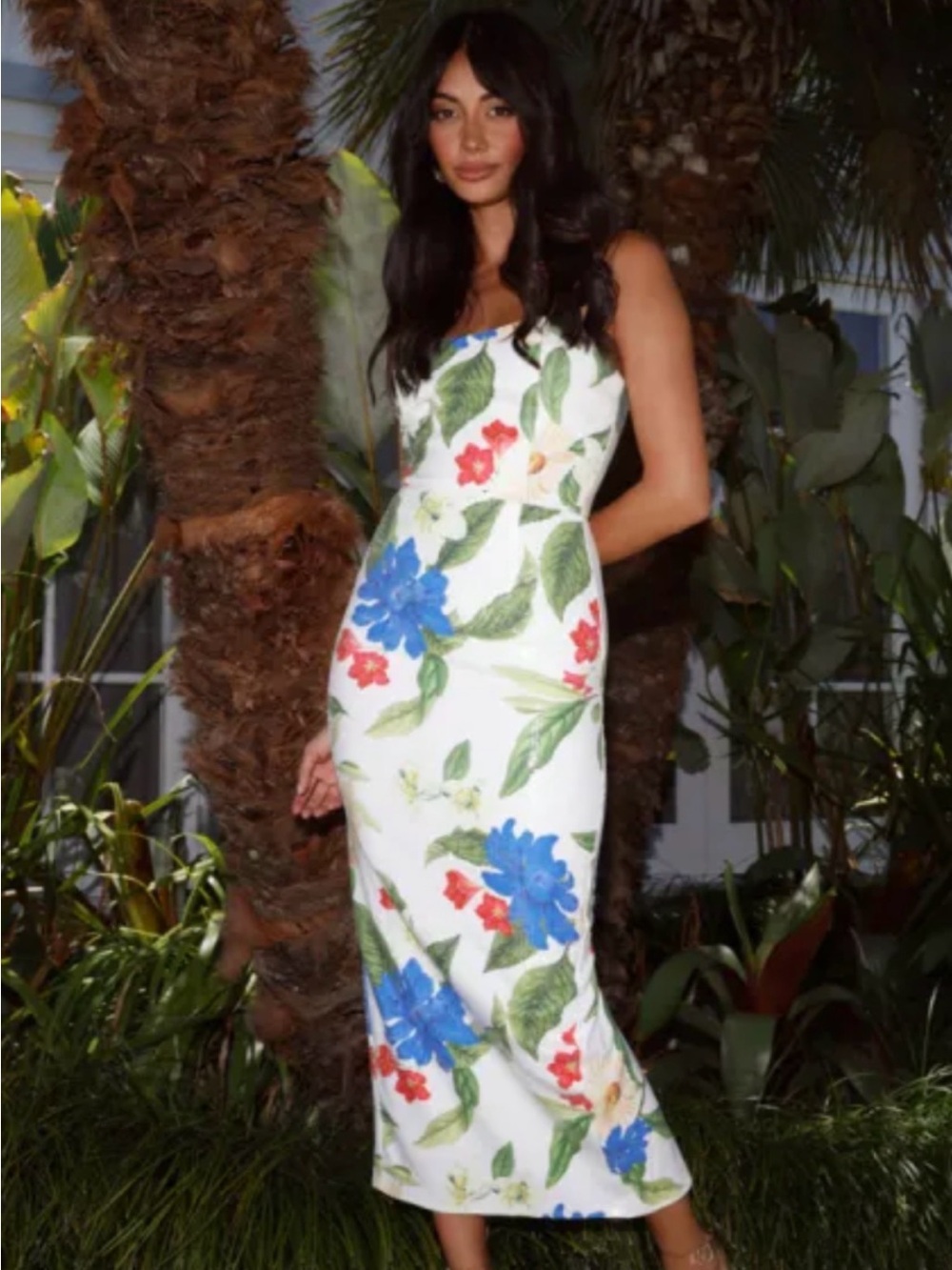 Strapless White Floral Midi Dress with Blue & Green Bloom